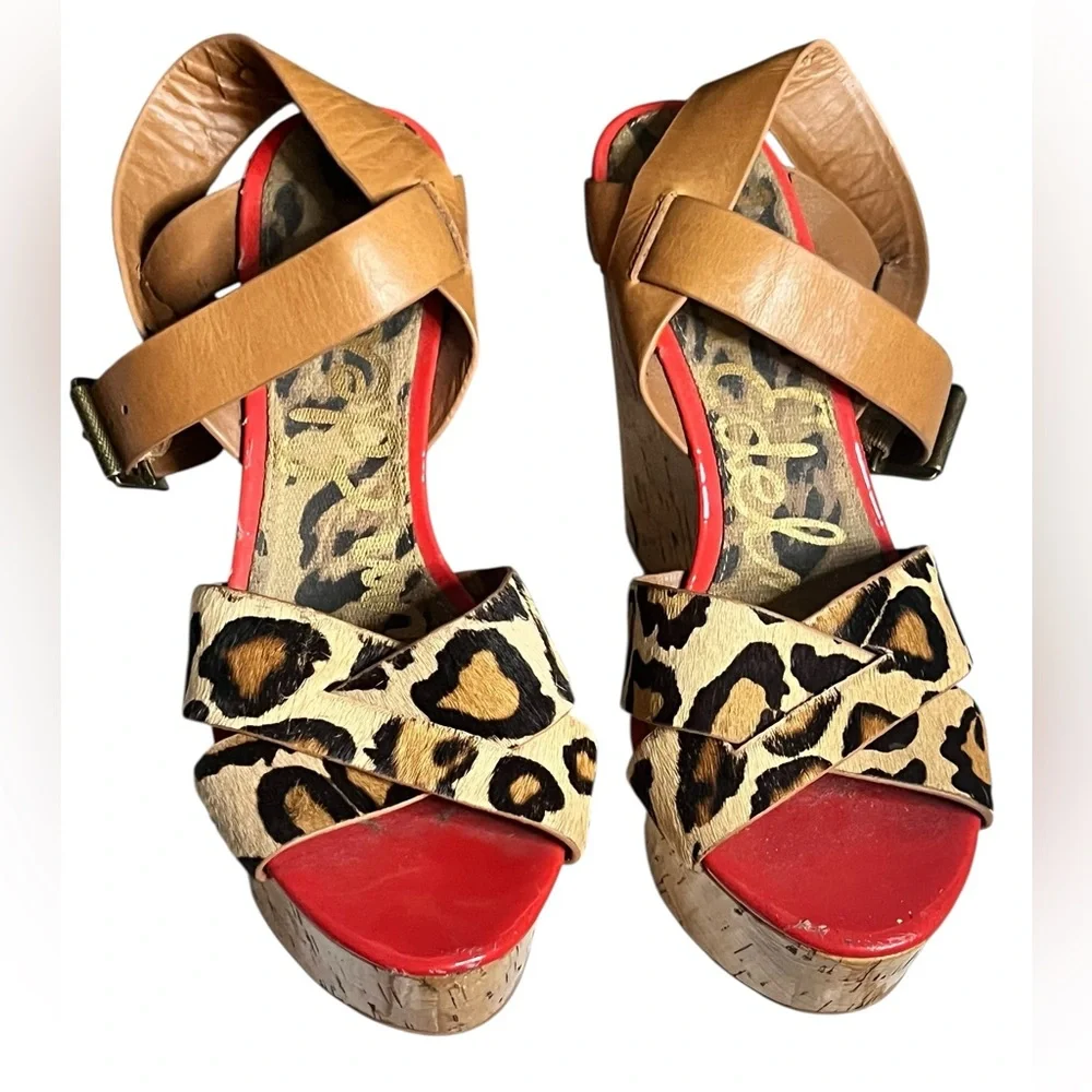 Sam Edelman Leopard Print Cork Wedge Sandals Size 8.5, 4” Heel